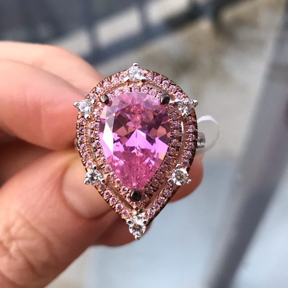 DOUBLE HALO PEAR CUT PINK STERLING SILVER RING - Picture 3 of 8